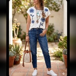 White Tshirt With Blue Denim Accent